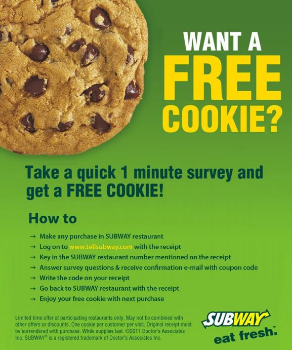 tell Subway Free Cookie Code