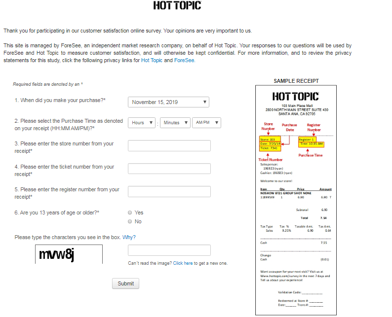 Hot Topic Guest Satisfaction Survey
